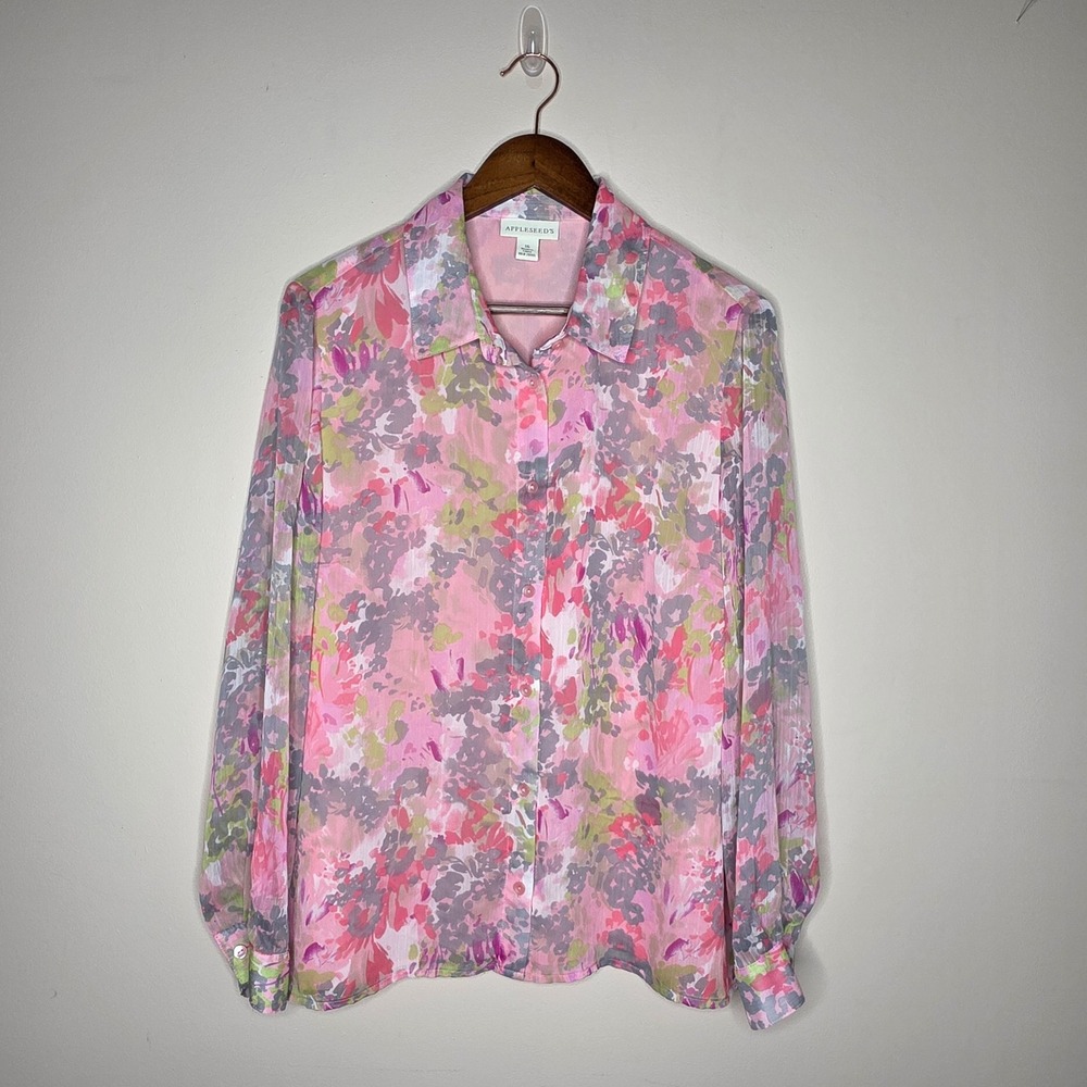 Appleseed's Chiffon Blouse Womens 16 Pink Floral Sheer Sleeve Feminine Office